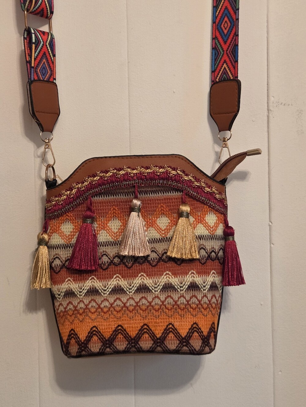 Boho Tassel Crossbody Bucket Bag in Fall Colors Woven Embroidery